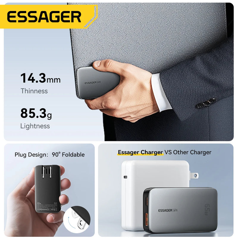 ឆ្នាំងសាក Essager Ultra Thin 65W GaN Travel Charger Quick Charge 4.0 PD3.0 PPS Portable Type C Charger សម្រាប់ iPhone Samsung Macbook Laptop