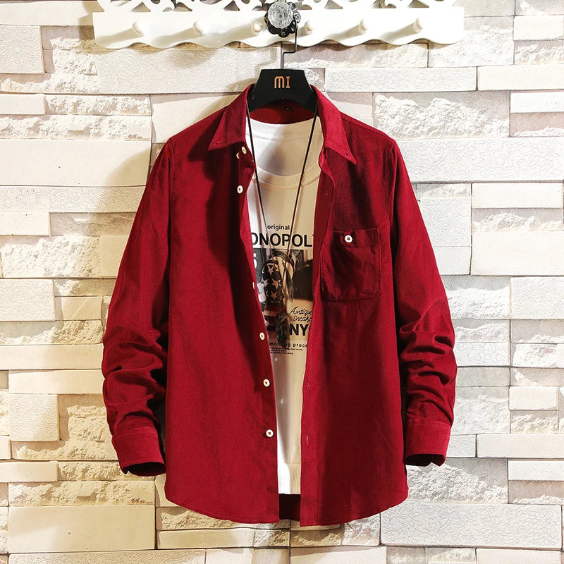 Men's Blue Long-sleeved Shirt, Corduroy Fabric Shirts, Asian-sized Fitted Top. Available in Red, Black, White, Green and Yellow.