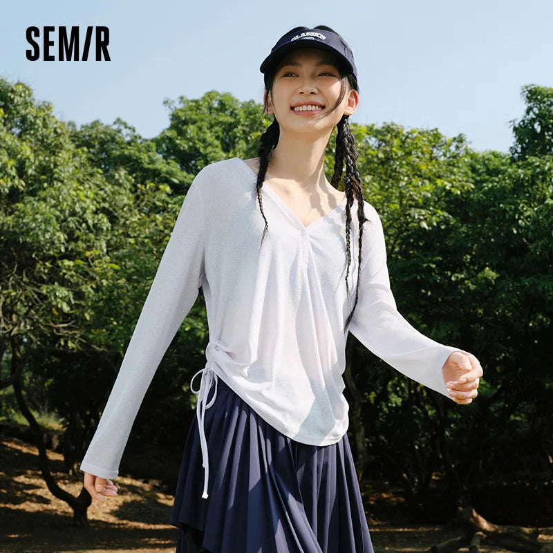 Semir Women Tshirt Solid 2026 V Neck Linen Look Loose Fit Drawstring Urban Casual Everyday Style Soft Comfortable Daily Wear