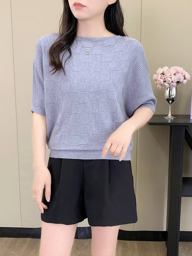 Korean Fashion One-word Collar Casual Bat-sleeved Knitted Sweater Women's Top Spring Summer Knitwear Pullover Jumper Shirt