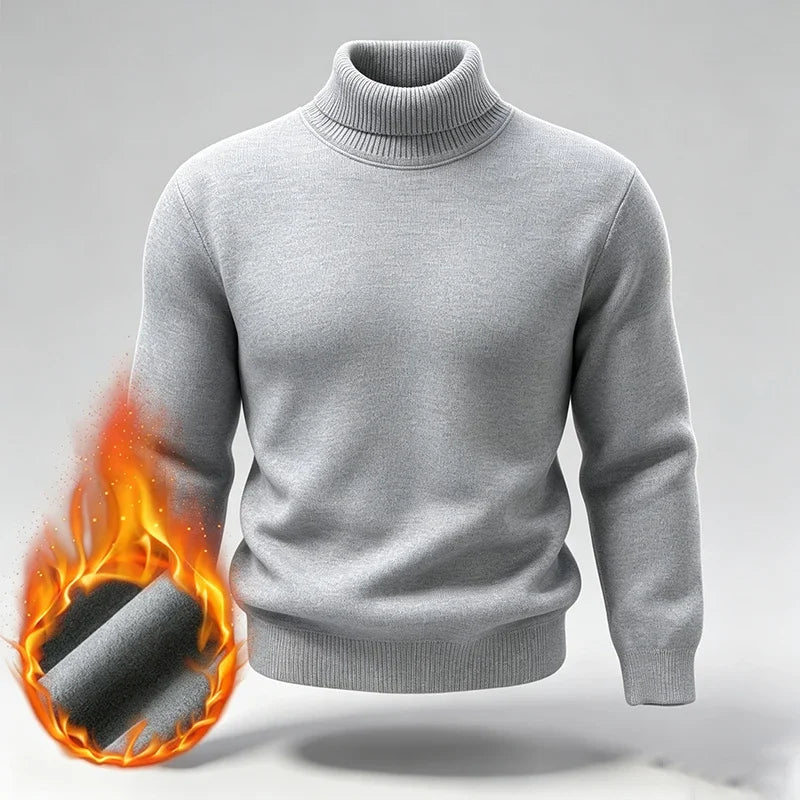 Men Fleece Lined Turtleneck Knit Sweater Ribbed Cuff Thermal Pullover For Winter Urban Daily Commute And Street Casual Outfits