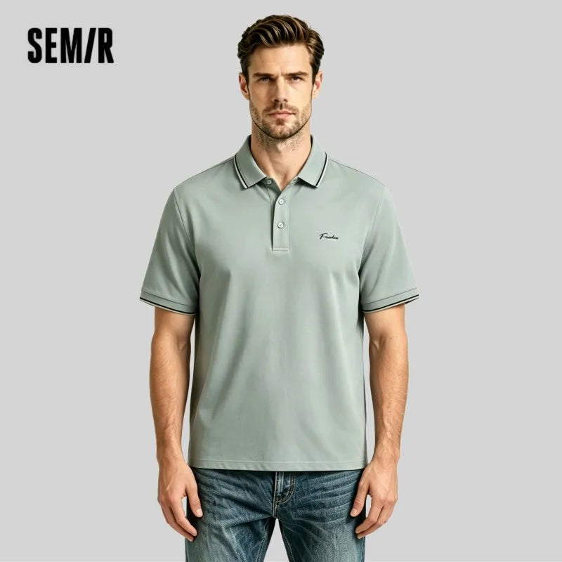 Semir Mens Polo 2026 Color Block Stripe Lapel Cool Feeling Letter Printed Simple Casual Soft