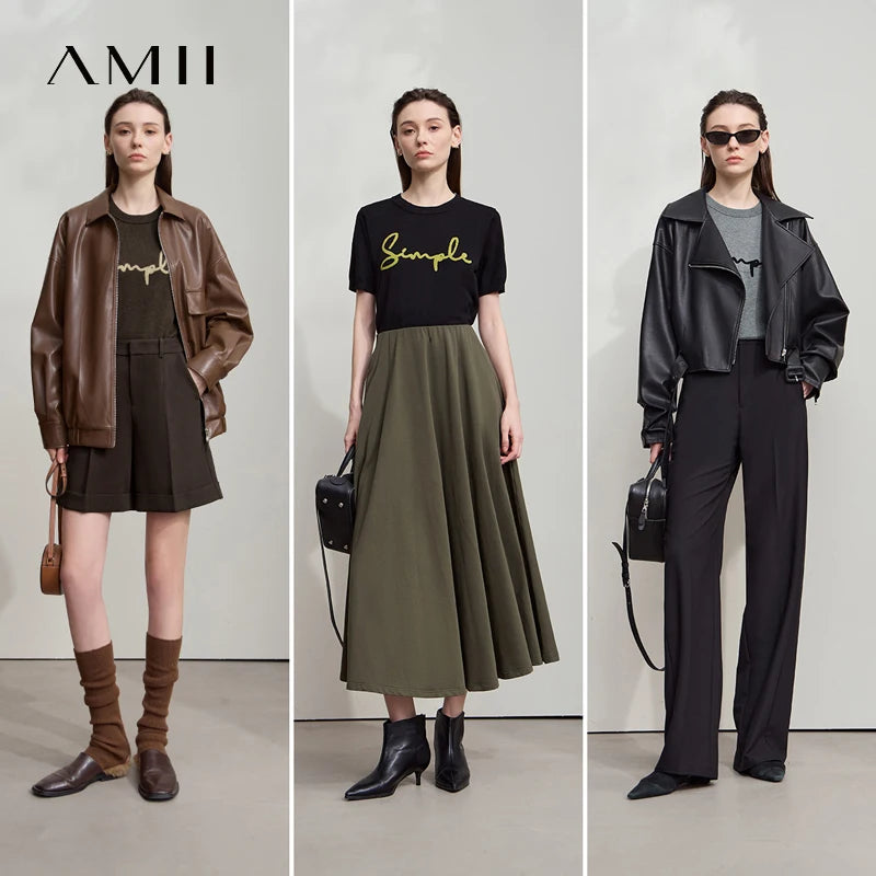 AMII Woman T-Shirts 2026 Summer Letter Jacquard Round Neck Knitted Crop Top Casual Short Sleeve Tee Women Clothes 12523051