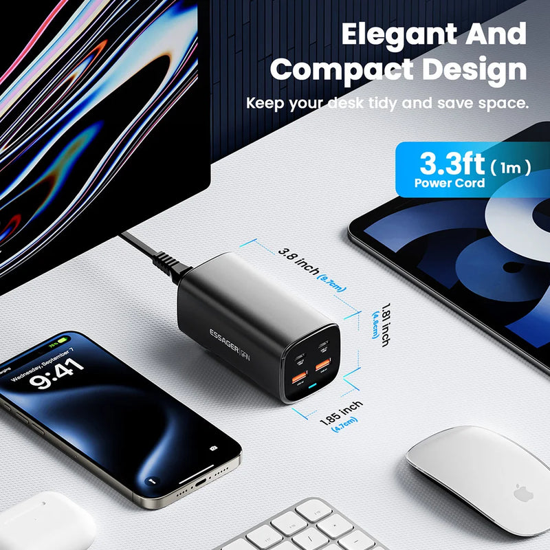 ឆ្នាំងសាក Essager 67W USB C GaN សម្រាប់កុំព្យូទ័រលើតុ Quick Charge3.0 PPS PD3.1 សាកថ្មលឿនសម្រាប់ MacBook Samsung iPhone 17 16 15 14 iPad Laptop