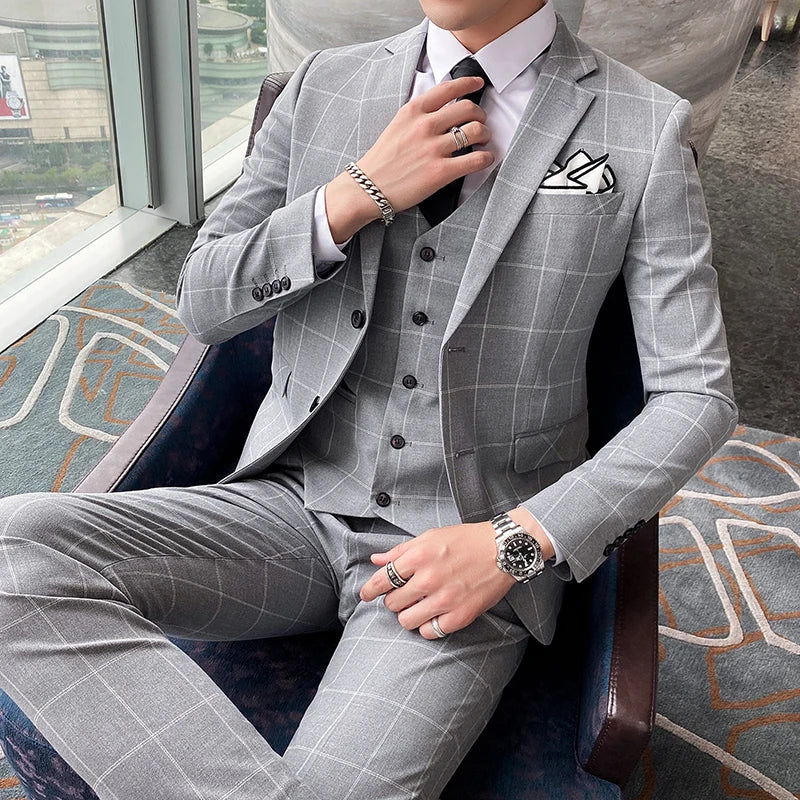 2026 Men Black Classic Striped/Checked Suits, Men's Business Office 3-Piece, Asian Size Slim Fit Sets, Blue/Gray Available