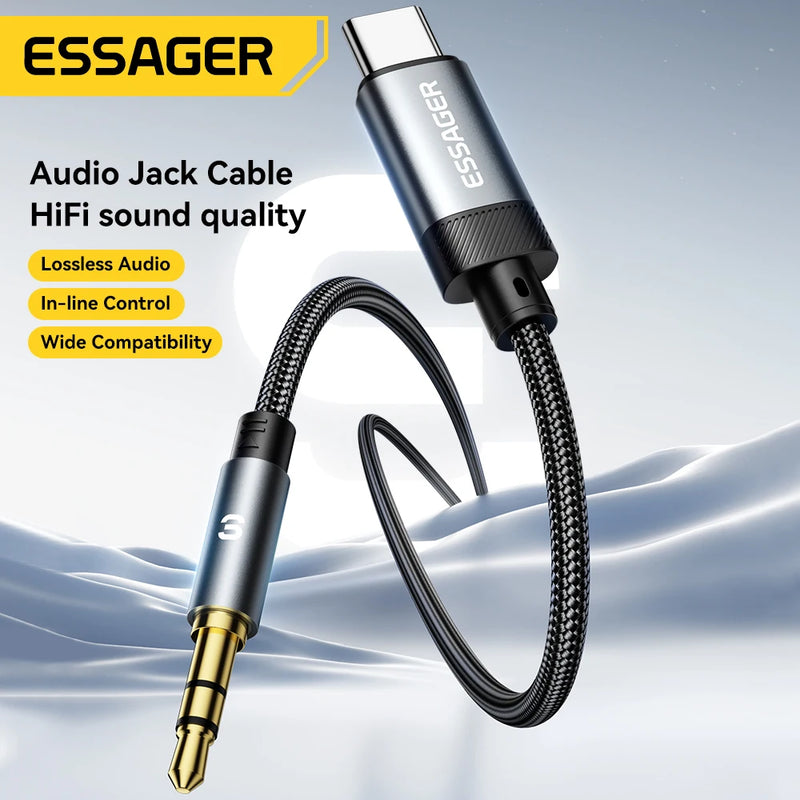 ខ្សែ Essager USB Type C Aux ខ្សែឧបករណ៍បំពងសម្លេង USB A/Lighting ទៅ 3.5mm Jack Audio Cable សម្រាប់ទូរស័ព្ទ កាសស្តាប់ត្រចៀក កុំព្យូទ័រ ថេប្លេត ទូរទស្សន៍ អាដាប់ទ័រ