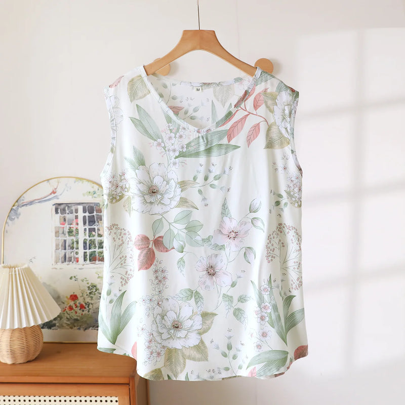 Summer Thin One Piece Pajamas for Women Tank Top Sleepwear Sleeping Wear New Floral Sleeveless V-neck Sleep Top Home Wear