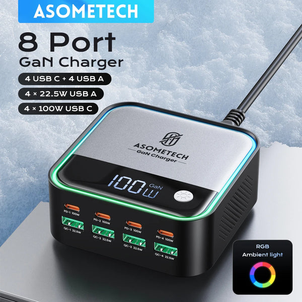 ស្ថានីយសាកថ្មលឿន GaN USB C ចំនួន 8 រន្ធ អេក្រង់ LED 4 រន្ធ ប្រភេទ C PD 100W SCP 22.5W សម្រាប់ iPhone 15 Samsung ថេប្លេត Macbook