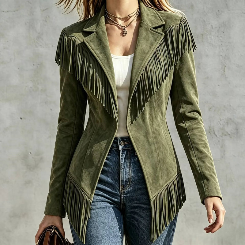 Lightweight Women's Long-sleeve Collared Jacket with Fringe Detailing; Available in Black, Red, Green, Khaki, Beige, Blue, Gray.