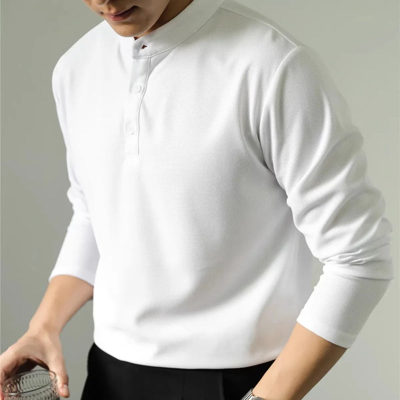 High-end New Men's Business Casual Long Sleeve Polo Shirt Stand Collar Solid Color Henley Neck T-shirt.M-4XL