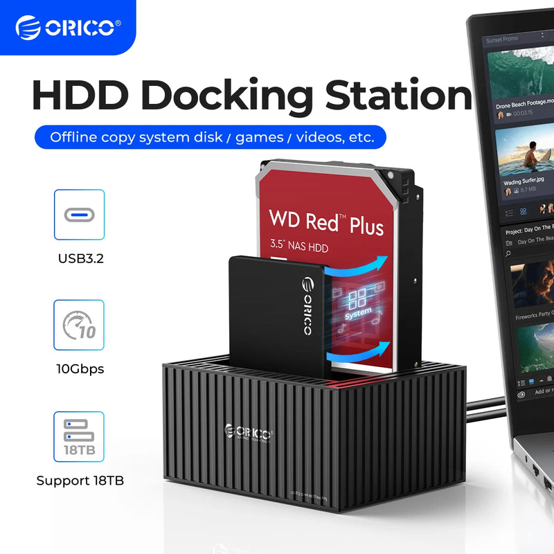 ORICO-Dual-Bay Docking Station, Type-C, 5Gbps, 2.5 ", 3.5" HDD, SSD, 12V, 3A Power, UASP Container Design 10Gbps type-c cable