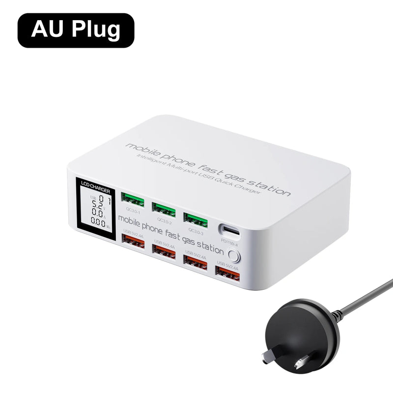 ឆ្នាំងសាក USB C 8 រន្ធ សាកលឿន QC3.0 PD3.0 ពហុ USB LCD អេក្រង់ឌីជីថល ស្ថានីយ៍សាកថ្មសម្រាប់ iPhone 17 16 Android