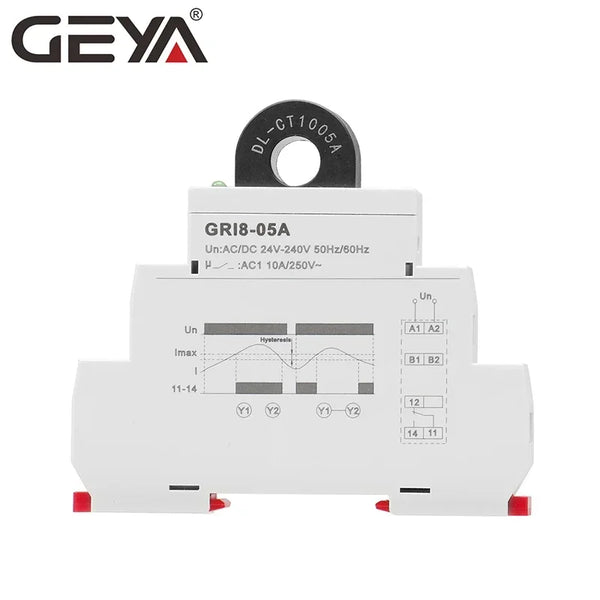 រេឡេត្រួតពិនិត្យចរន្ត AC ឬ DC GEYA GRI8-05 ត្រង់ 2A-20A AC24V-240V ការពារចរន្តលើស និងចរន្តក្រោម