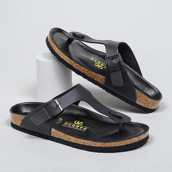 Men's Adjustable Buckle Cork Footbed Flip Flops Casual Open‑Toe Thong Sandals Non‑Slip Flat Slide Slippers for Outdoor Daily
