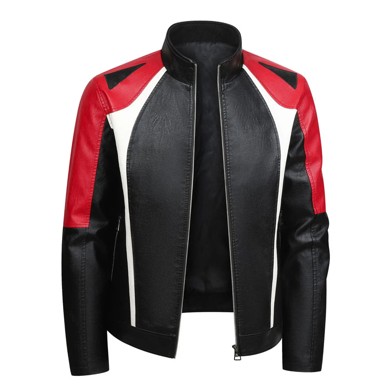 New Fall Men's Faux Leather Jacket with Red, Black, and White Color-blocked Accents—a Stylish and Casual PU Coat.