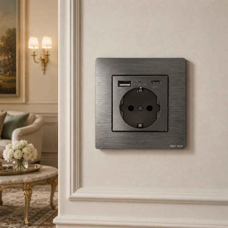 Metal grey Eu wall light switch,Stainless steel universal usb rechargeable electrical socket,220V dimmer speed control switch