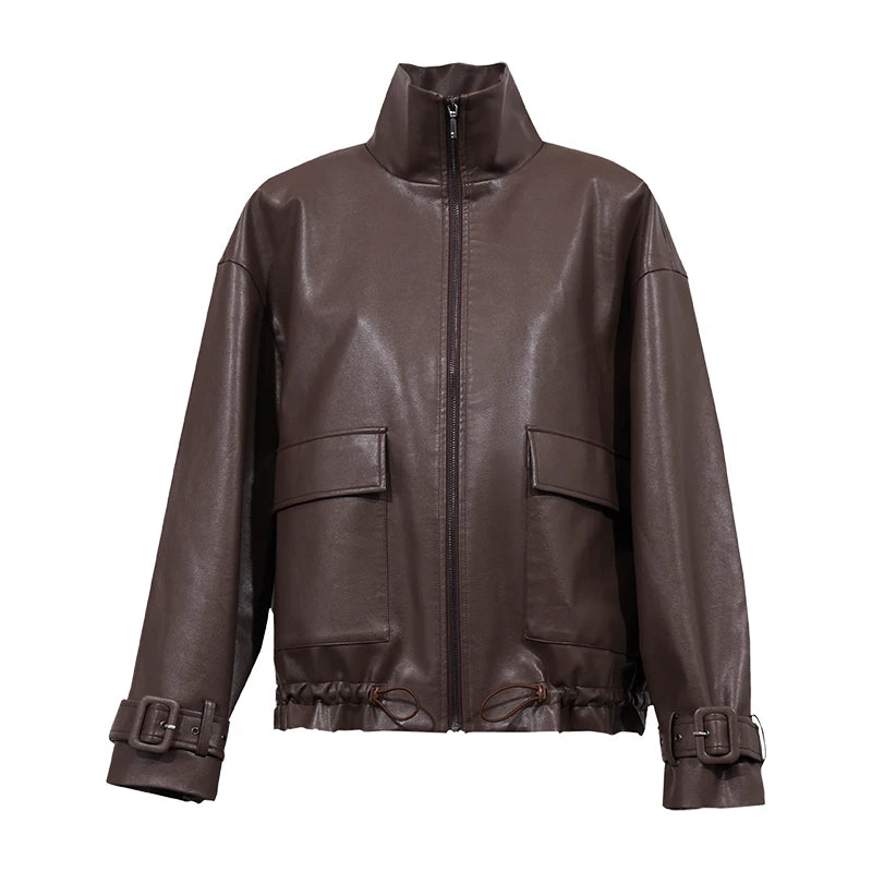 Amii Women's Faux Leather Jacket Turtleneck Drop Shoulder Retro Business Casual Zip Up Cargo Coats 2026 Autumn Jackets 12623135