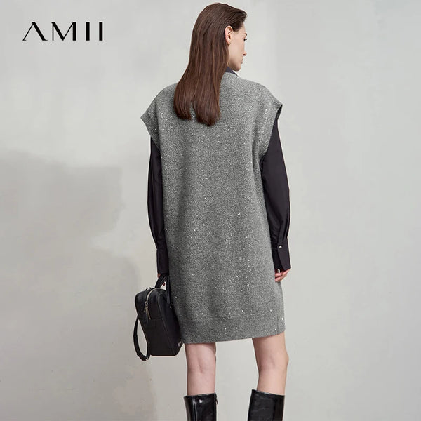 AMII រ៉ូបប៉ាក់ដៃខ្លីនារីសាមញ្ញឆ្នាំ ២០២៦ ម៉ូដ V-Neck រ៉ូបរលុងៗ រ៉ូបប្រណិតសម្រាប់នារីការិយាល័យ រ៉ូបមួយដុំ 12523121