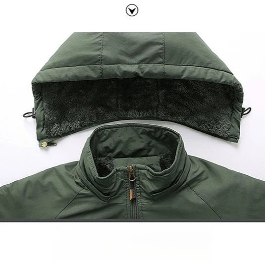 Men's Detachable Hood Jacket, Windproof Waterproof Outdoor Coat, Fleece-Lined Option, Army Green Khaki Navy Black