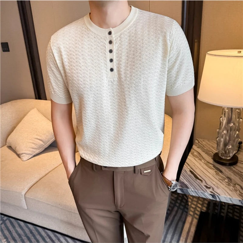 Men's Short Sleeve Polo Shirt Diamond Jacquard Texture Knitted Slim Fit Henley Collar Business Casual T-Shirt Old Money Style