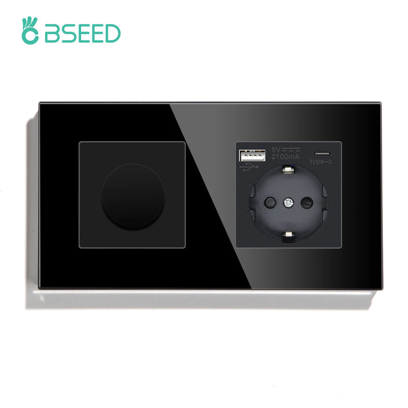 BSEED Mechanical Dimmer Light Switch Plus EU Socket USB Type-C Port Power Outlet Led Dimmable Switch Glass Frame 10A