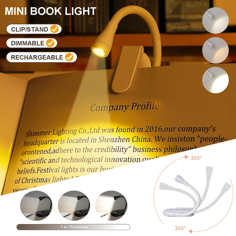 1PCS Portable LED Book Lights USB Rechargeable Eye Protection Night Light Mini 360°Clip-On Desk Reading Lamp Travel Bedroom
