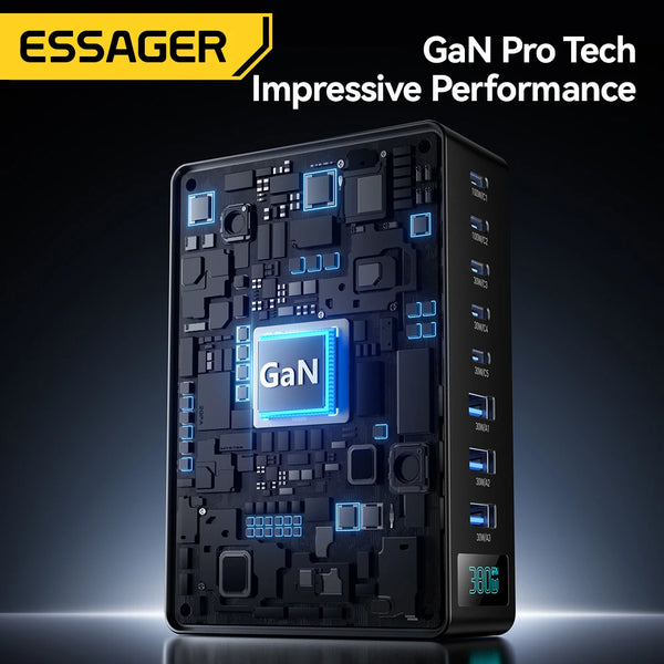 ឆ្នាំងសាក Essager 380W GaN 8 in 1 ជើងទ្រសាកថ្មលឿនសម្រាប់កុំព្យូទ័រយួរដៃលើតុ iPhone 17 16 15 Pro Max Macbook Air Xiaomi Samsung ថេប្លេត