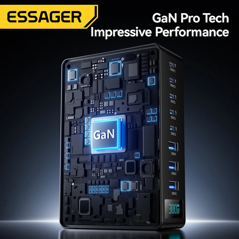 ឆ្នាំងសាក Essager 380W GaN 8 in 1 ជើងទ្រសាកថ្មលឿនសម្រាប់កុំព្យូទ័រយួរដៃលើតុ iPhone 17 16 15 Pro Max Macbook Air Xiaomi Samsung ថេប្លេត