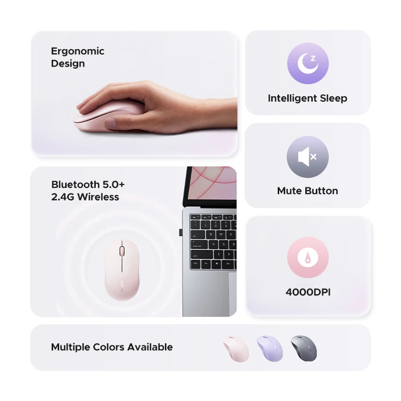 UGREEN Wireless Mouse 2.4G & Bluetooth Dual Mode, 4000DPI 4-Level Adjustable, Silent Click, Portable Ergonomic Mouse for Laptop