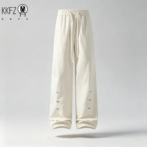 Mens Streetwear Wide Leg Trousers Elastic Waist Long Drawstring Loose Silhouette Side Embroidery Light Fabric For Commute
