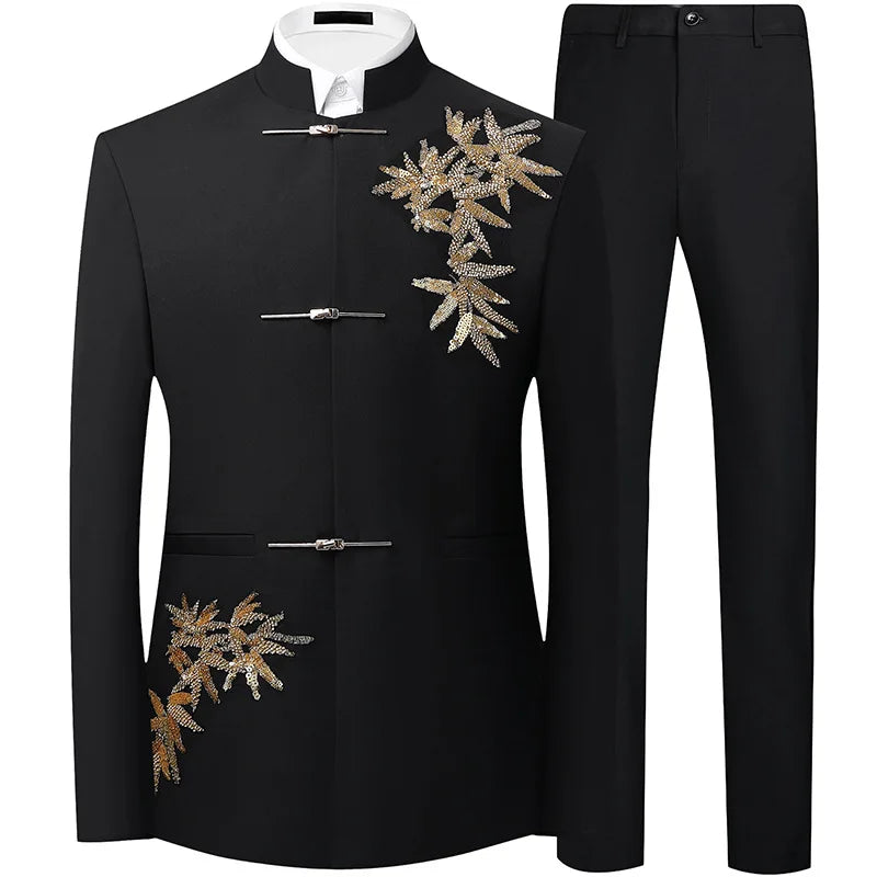 2027 New Men's Black Two-Piece Suit Set: A Chinese-style Stand-up Collar Jacket Paired with Slacks.