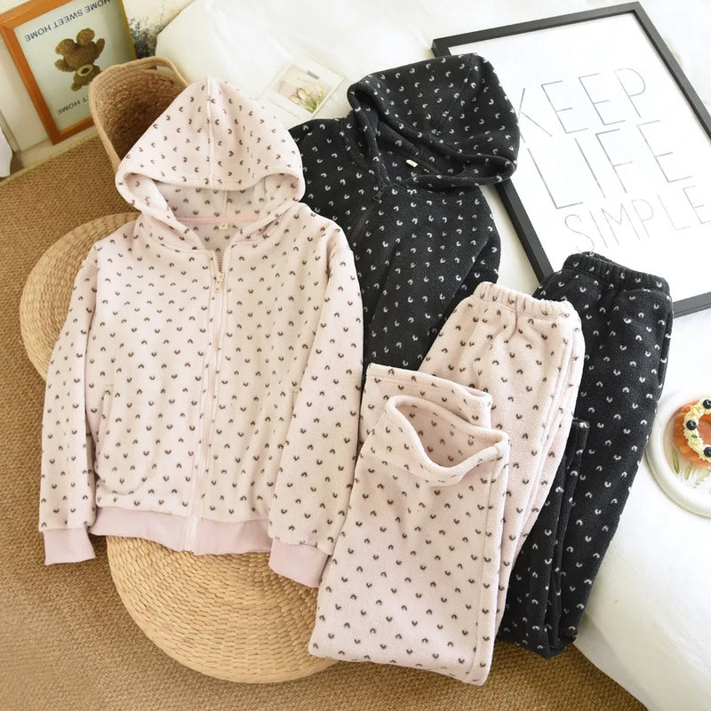 Women's Pajamas Hooded Zipper Thickened 2 Piece Sets Pyjamas Woman Sleepwear for Winter Flannel Ladies Loungewear Suit Pijama
