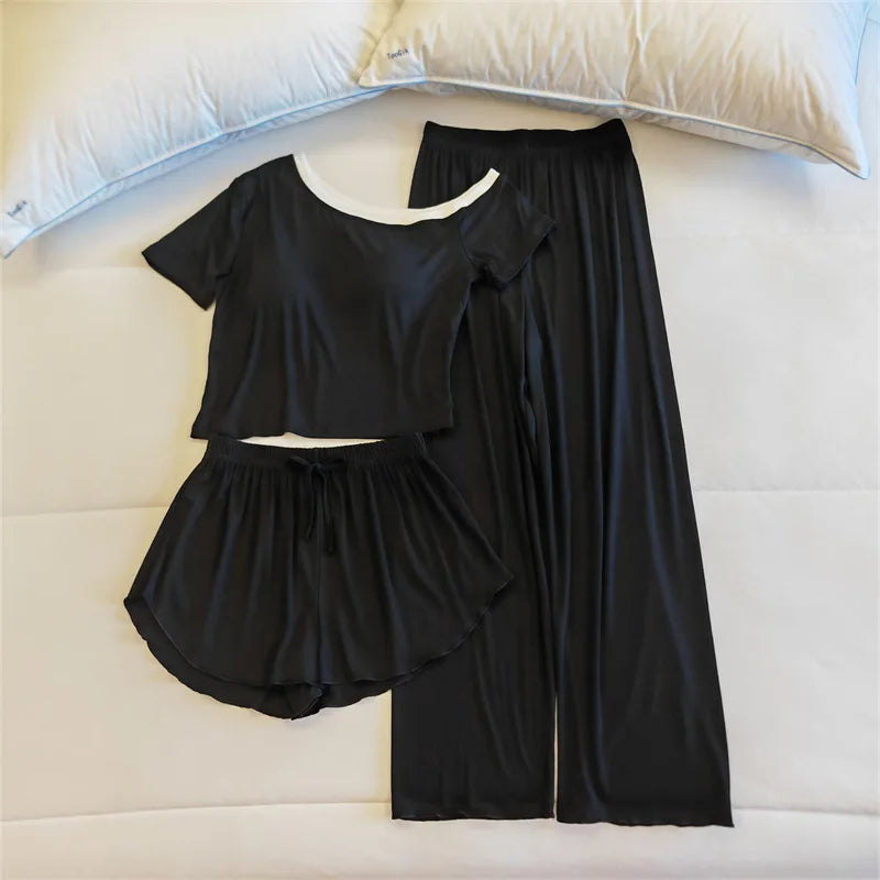 Pijamas Mujer Comfort Modal Short Sleeve Chest Pad Top Three Pieces Set Elegant Sleepwear Home Clothes Women's Pajamas Suit