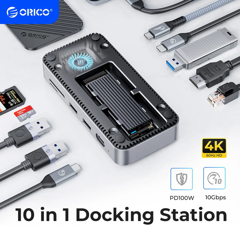 ORICO USB C HUB with Cooling Fan M.2 NVMe SATA SSD Enclosure External 10Gbps 4K 60Hz HDMI-Com RJ45 SD/TF Docking Station