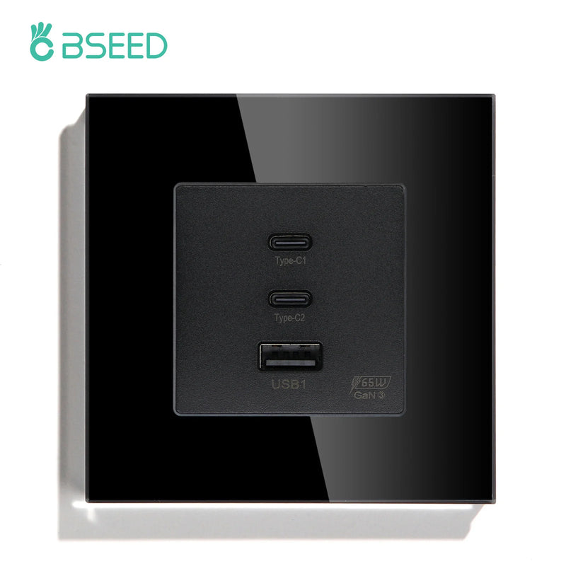 BSEED GaN3 Universal Socket 65W PD Fast Charge Port USB Type-C Quick Charge Adapter for Phone Computer Glass Panel 100V-240V