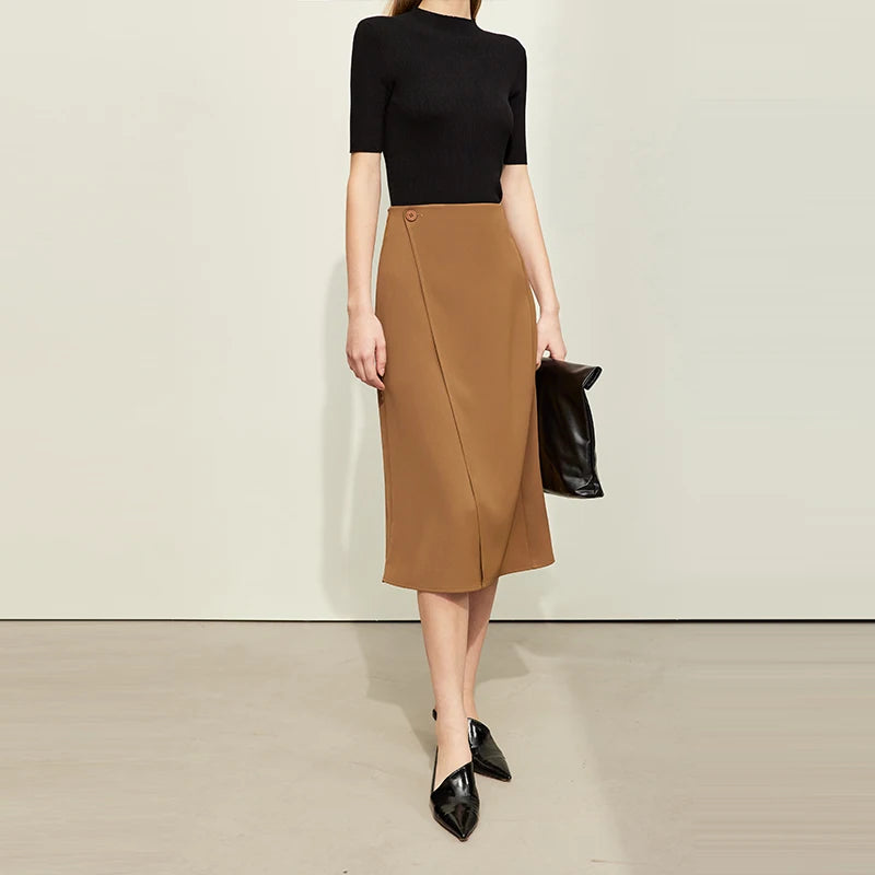 សំពត់ស្ត្រី AMII Minimalism ឆ្នាំ ២០២៤ រដូវស្លឹកឈើជ្រុះថ្មី Asymmetric Lap Piece A-line Solid Trendy Commuter Mid-Calf Skirt សម្រាប់ស្ត្រី 12421040