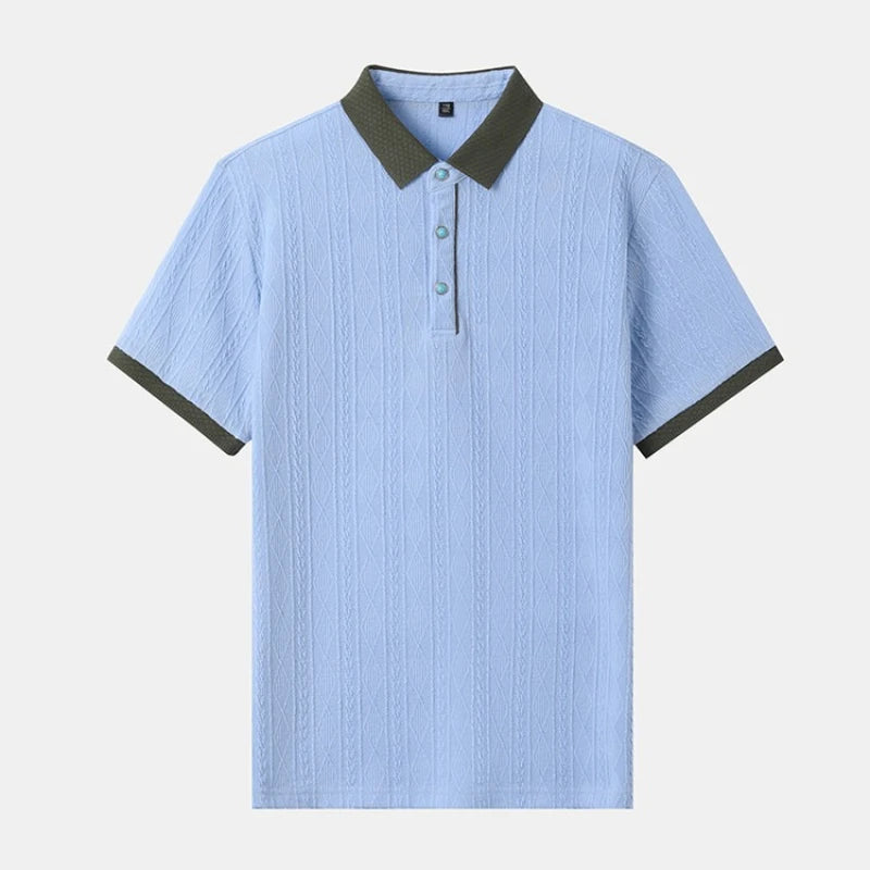 Men's Cable Knit Polo Shirt, Ultra-Soft Cotton Feel Fabric, Business Casual Short Sleeve Shirt with Ribbed Collar