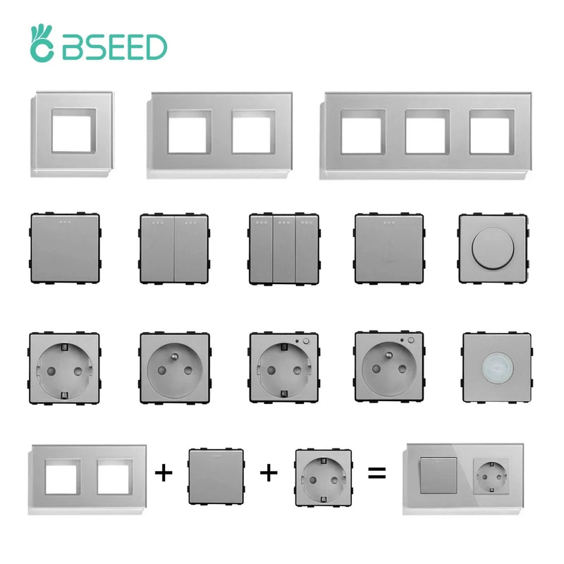 BSEED 1/2/3Gang Mechanical Button Switch Light Switch Function Part Crystal Glass Frame EU Wall Socket DIY Part Free Combination