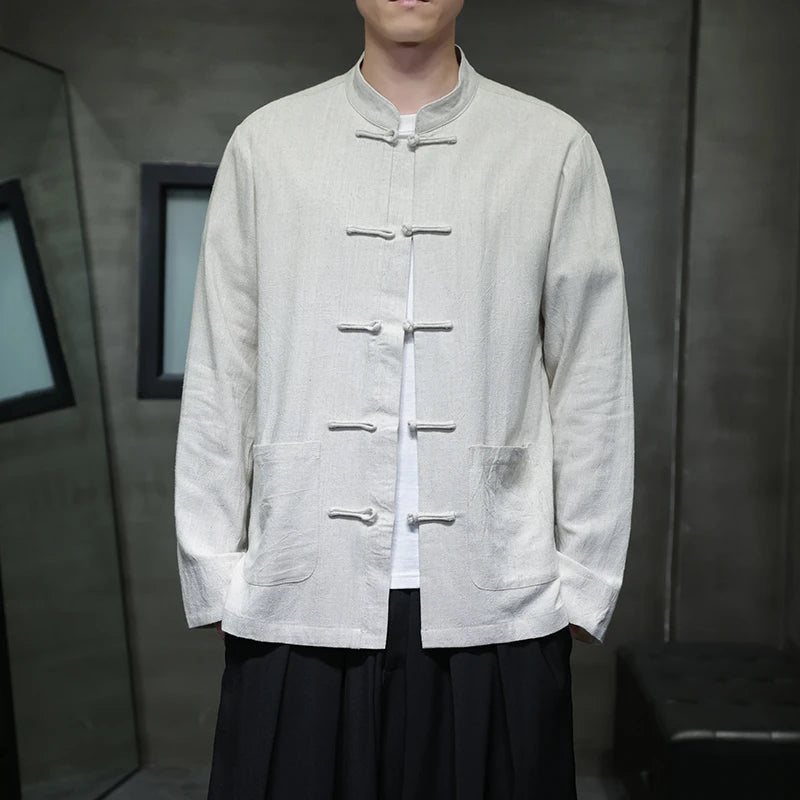 Chinese-style Men's Black Long-sleeve Shirt, Cotton-linen Blend Stand-up Collar Shirts, Available in Burgundy, Beige, Gray. 2026