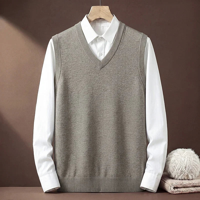 V Neck Sleeveless Plain Knit Vest For Men Soft Handfeel Knitwear Business Formal Sweater Tank Top Autumn Layering Clothes
