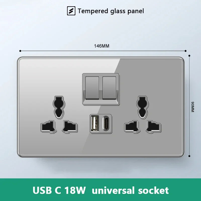 UK 13A Wall Socket with Type-C 18W Fast Charging Plug Socket,Glass Panel Power Double Universal Outlet with Quick USB C charge