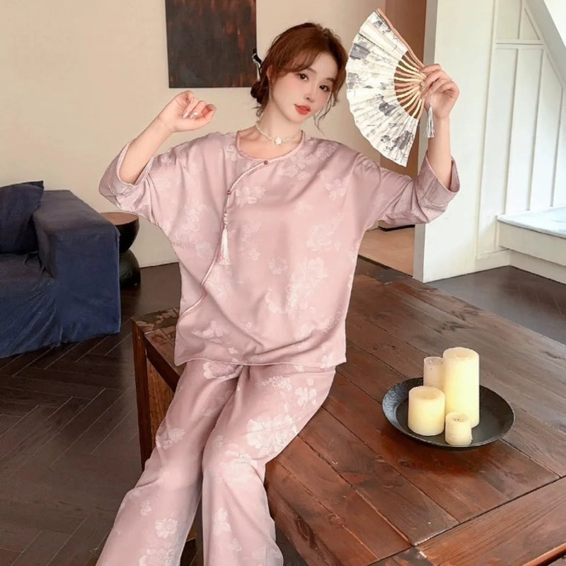 Silk Pajamas Set Night Wear Female Sleeping Wear for Woman Sleepwear Pyjamas Floral Spring Autumn Long Sleeve Pajamas for Lady