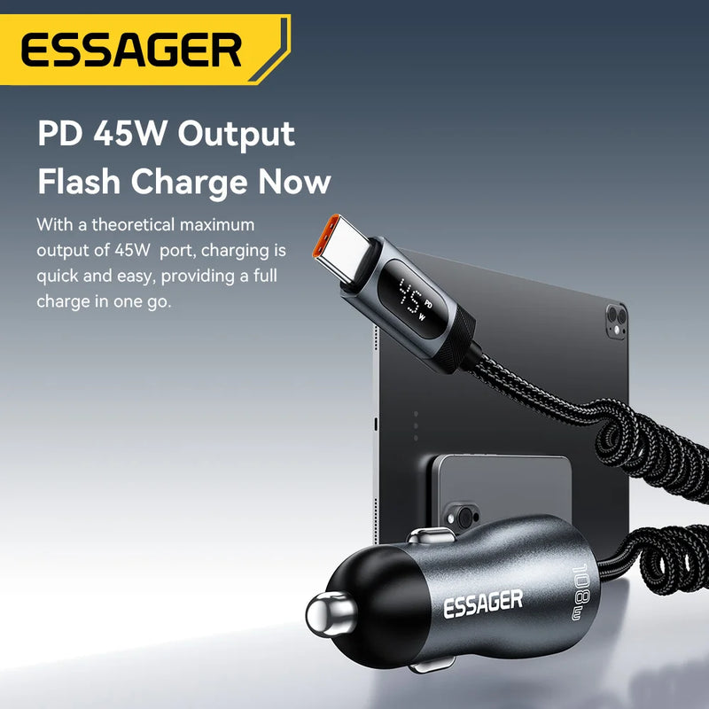 ឆ្នាំងសាករថយន្ត Essager 108W រន្ធ USB-C និង USB-A PD QC4.0 សាកថ្មលឿនជាមួយខ្សែបង្ហាញឌីជីថលសម្រាប់ iPhone 17 Pro MacBook