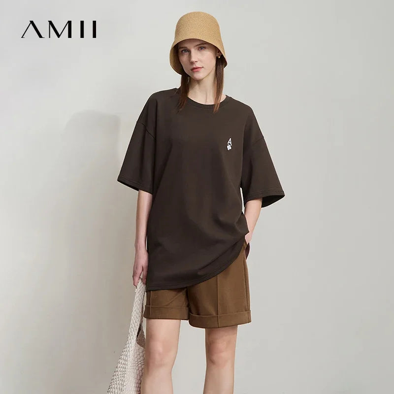 អាវយឺត Amii Minimal រលុងសម្រាប់នារី ស្មាវែងមធ្យម ដៃខ្លី រដូវស្លឹកឈើជ្រុះឆ្នាំ ២០២៦ អាវប៉ាក់ថ្មីសម្រាប់ធ្វើដំណើរធម្មតា 12541167