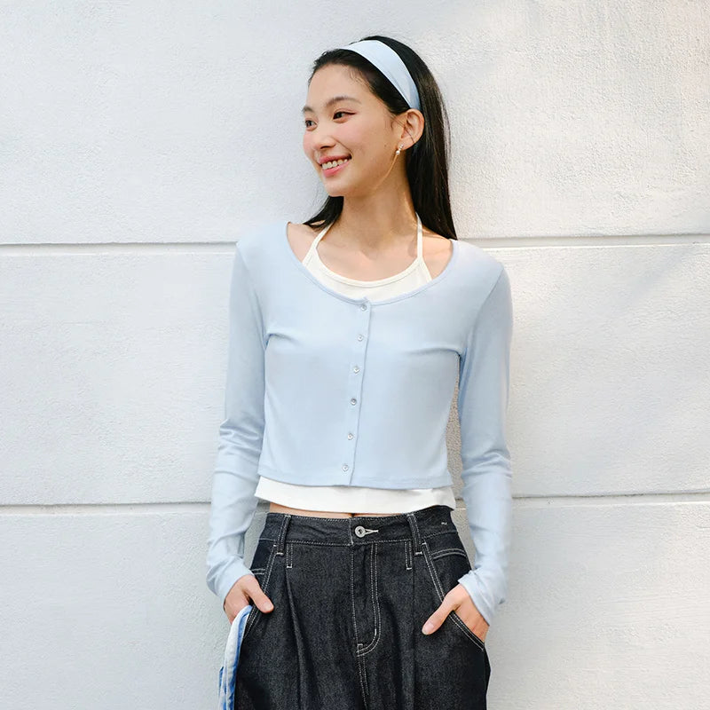 Semir Women Tshirt 2026 Spring Short Halter Neck Slim Fake Two Piece Elegant Trendy Long Sleeve Fashion Tops