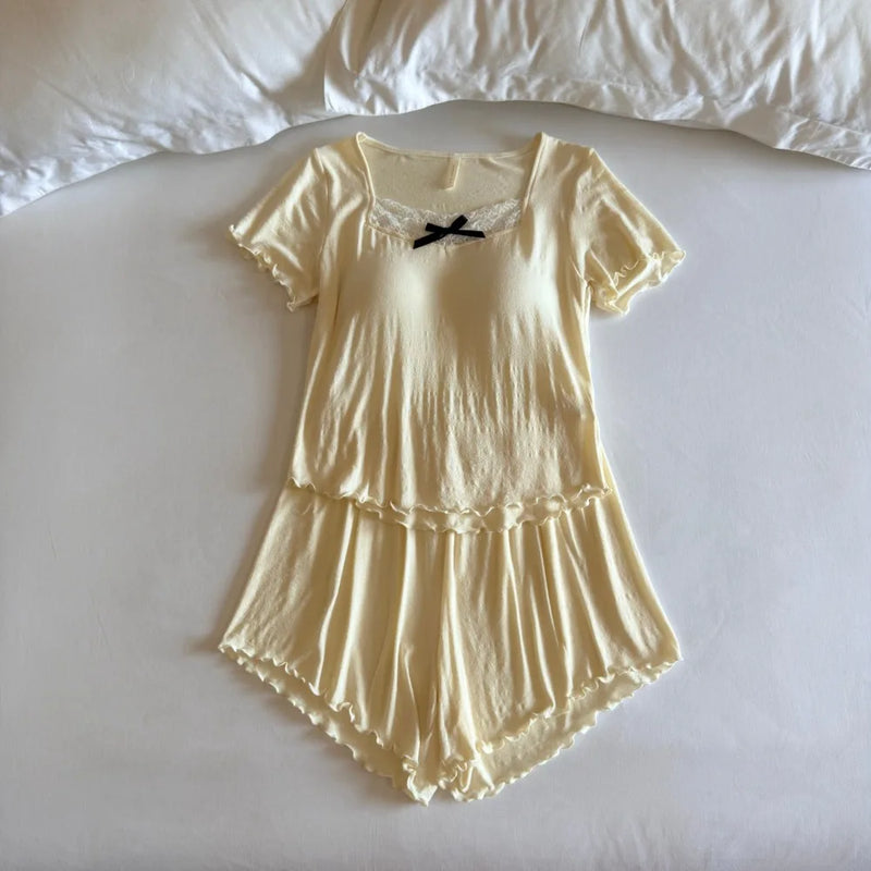 Modal Pajamas with Chest Pads Short Sleeve Sleepwear Ladies Pyjamas Femmes Summer Top and Shorts Lounge Wear Loungewear Suit