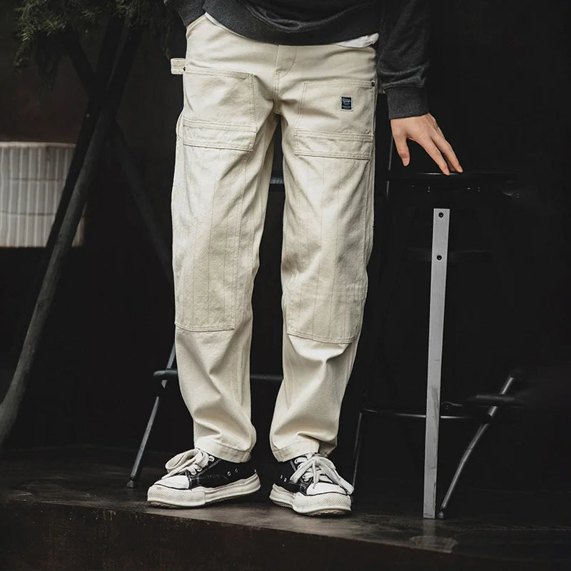 ខោខូវប៊យ Maden Workwear បែបអាមេរិកាំង Retro រលុង ពណ៌ស លាងសម្អាត ខោត្រង់ ខោកាត់ឈើ ខោបុរស