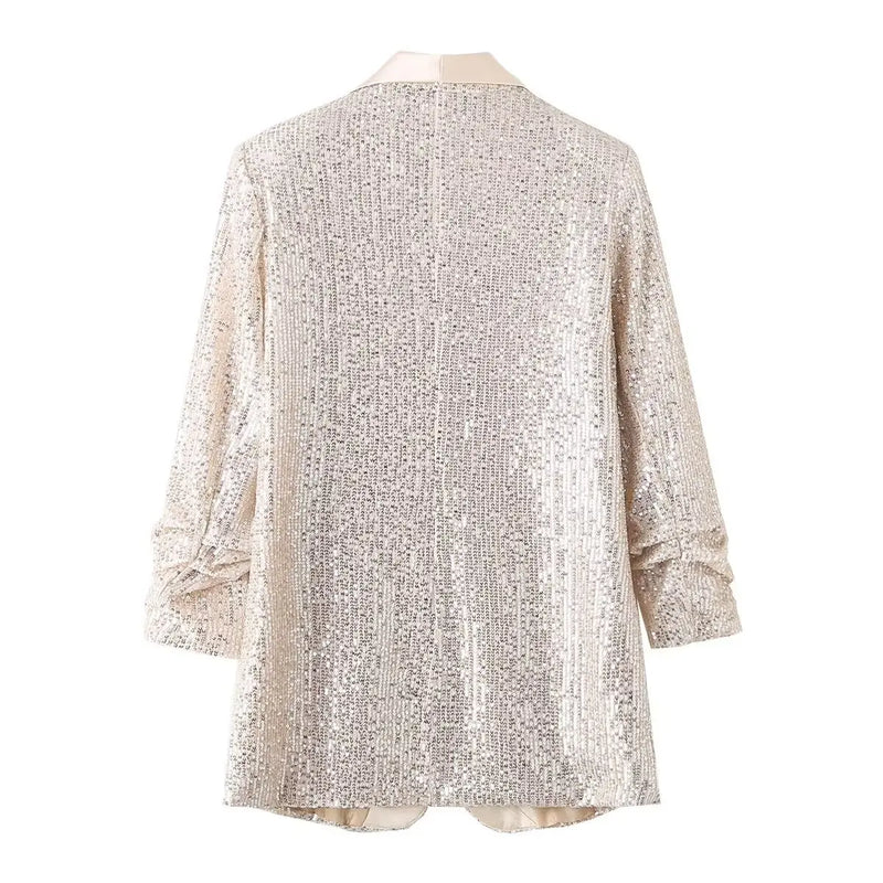 New Arrivals: Apricot-colored Women's Long-sleeve Cardigan; Jacket with Gold Circular Sequin Embellishments.