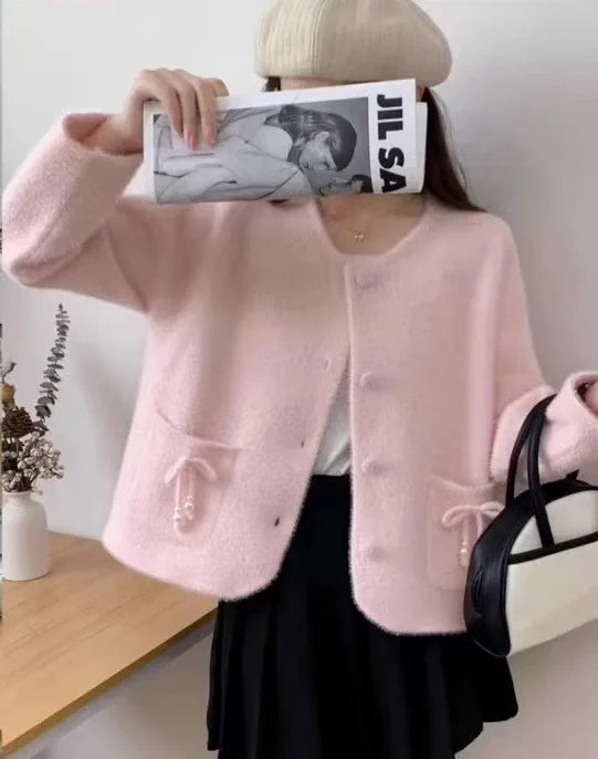 Sweet Bow Pocket Coat Women's Autumn and Winter New Imitation Mink Velvet Knitted Cardigan Jacket Short Sweater Top Cropped