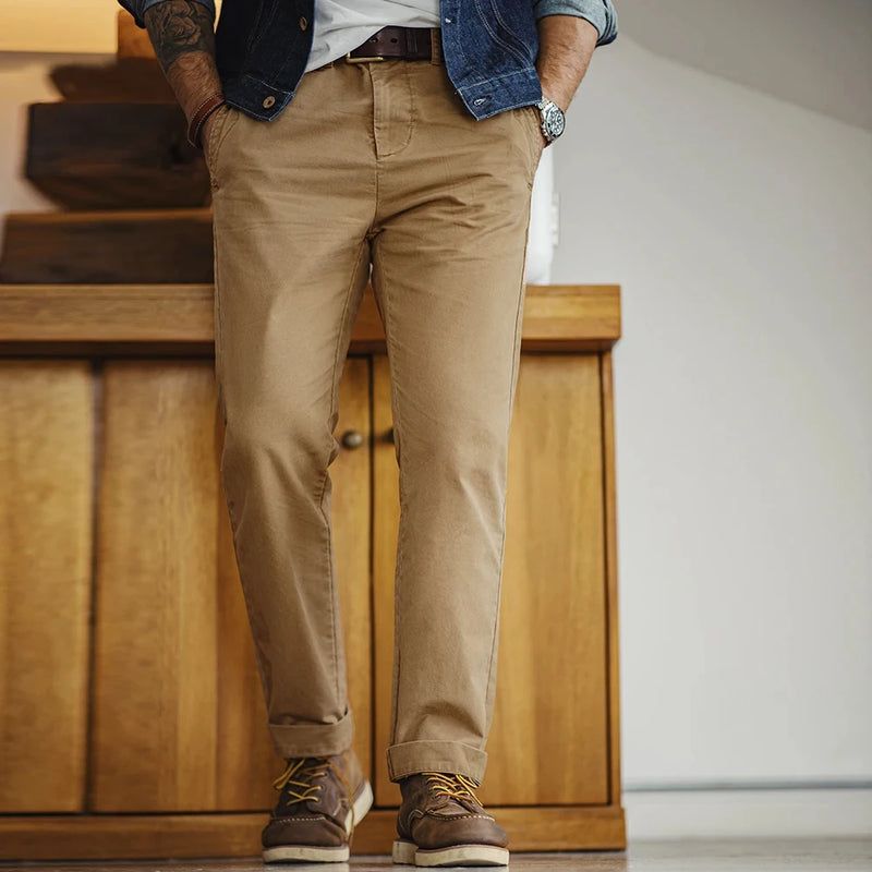 ខោ Maden Vintage Heavyweight Khaki Casual Pants Twill Cotton Straight Pants សម្រាប់សម្លៀកបំពាក់ការងាររដូវស្លឹកឈើជ្រុះរបស់បុរស ខោ Classic Zip Fly Pants